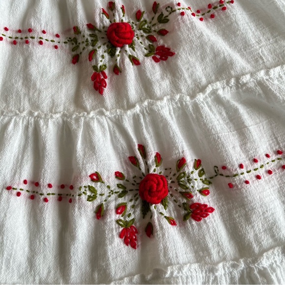 Boho Floral Embroidered Smocked Tiered Midi Dress Mexican Peasant Cottagecore - Picture 7 of 15